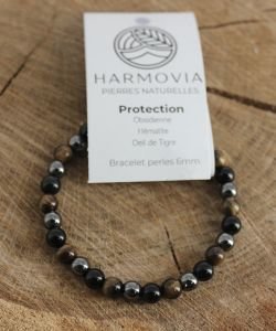 Bracelet Protection Obsidienne Noire, Hematite, Oeil de Tigre - Perles 6mm
